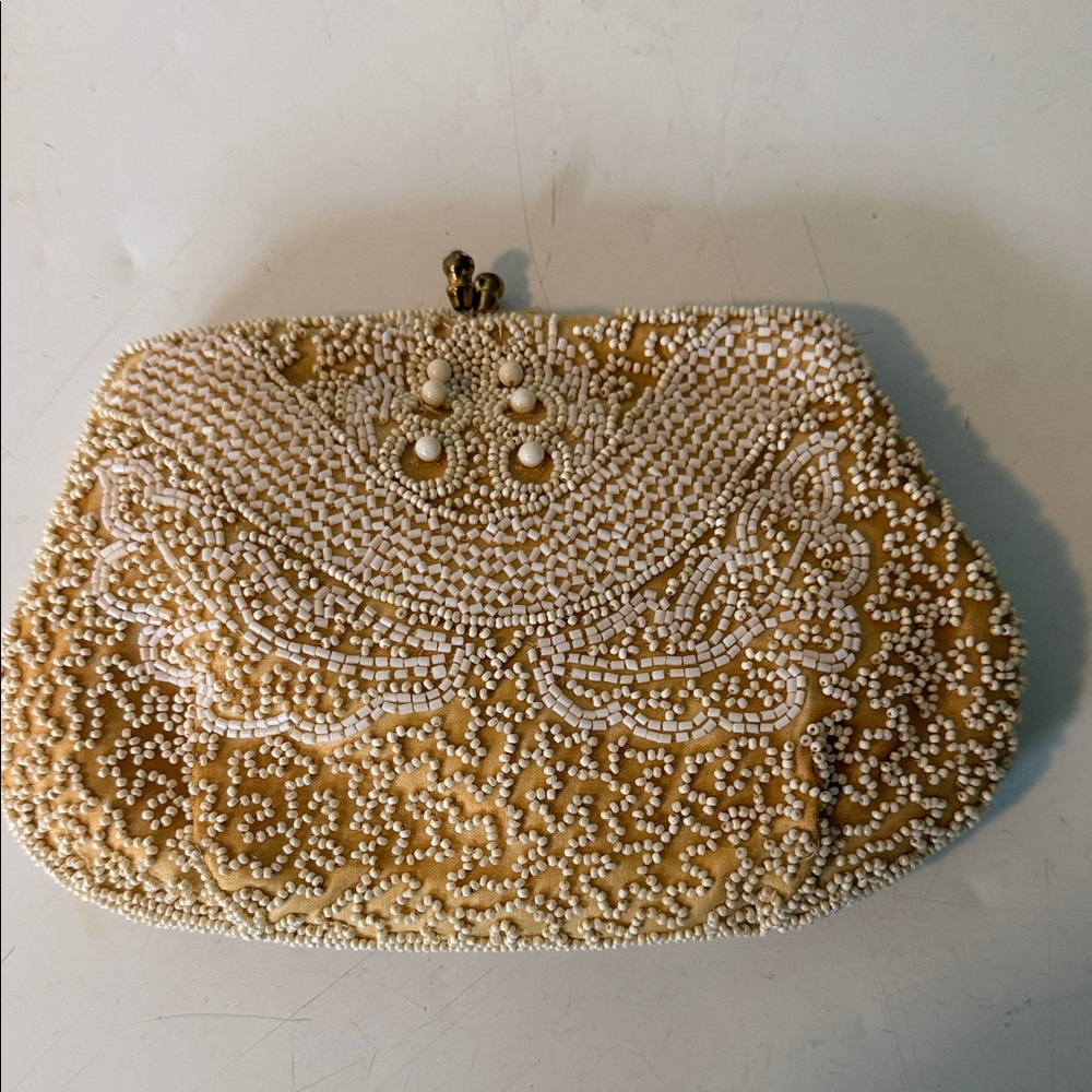 Elegant Beaded Cream Clutch